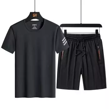 Мужской спортивный костюм, футболка с короткими рукавами из ледяного шелка и круглым вырезом, шорты с половиной рукавов, свободный крой для бега, фитнес 9XL