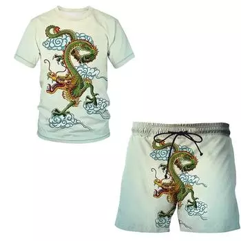 Мужской спортивный костюм футболка + шорты спортивная одежда комплект из 2 предметов тотем китайского дракона спортивная одежда с короткими рукавами с 3D принтом S