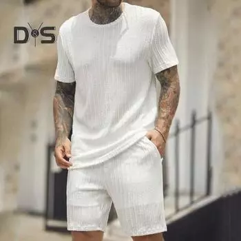 Мужской спортивный костюм из 2 шт./компл., футболка с круглым вырезом и коротким рукавом, эластичная талия, широкие шорты с карманами, комплект одежды для бега с жаккардовой текстурой M синий