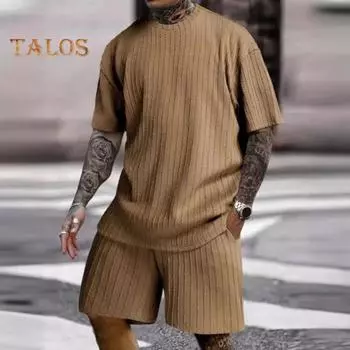 Мужской спортивный костюм из 2 шт./компл., футболка с круглым вырезом и коротким рукавом, эластичная талия, широкие шорты с карманами, комплект одежды для бега с жаккардовой текстурой M белый