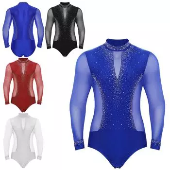 Мужской спортивный костюм из эластичной ткани с длинным рукавом и воротником-стойкой, со вставками из сетки и сверкающими стразами для соревнований по латиноамериканским танцам S