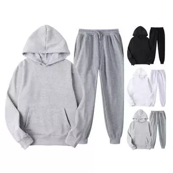 Мужской спортивный костюм из двух частей, комплект из толстовки с капюшоном и длинными рукавами, эластичный пояс, брюки, спортивный костюм M белый