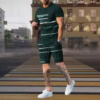 Мужской спортивный костюм из двух частей, летний полосатый спортивный гавайский костюм S