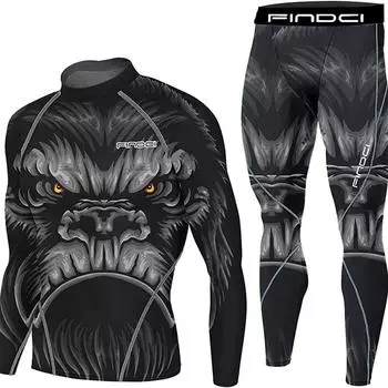 Мужской спортивный костюм, компрессионные топы, черные узкие брюки с принтом, футболки с длинными рукавами, длинные брюки, спортивные костюмы S