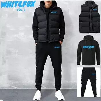 Мужской спортивный костюм, куртка, жилет + свитер с капюшоном + спортивные штаны, повседневный спортивный костюм для бега, комплект из 3 предметов, флис, уличная одежда для мужчин S синий