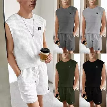 Мужской спортивный костюм, летний повседневный костюм, мужской жилет без рукавов, шорты, комплект из двух предметов M светло-серый