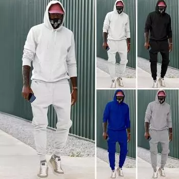 Мужской спортивный костюм на весну и осень с капюшоном на шнурке с эластичной резинкой на талии с длинными рукавами и длинными рукавами, свободный однотонный мягкий спортивный костюм, комплект брюк, толстовка
