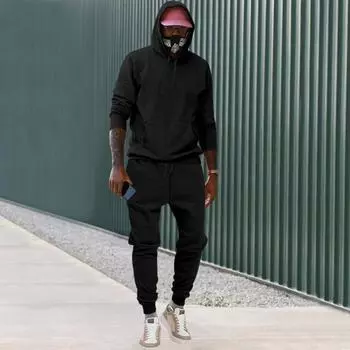 Мужской спортивный костюм на весну и осень с капюшоном на шнурке с эластичной резинкой на талии с длинными рукавами и длинными рукавами Свободный однотонный мягкий спортивный костюм Толстовка и брюки Комплект