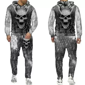 Мужской спортивный костюм, осенне-зимняя толстовка с капюшоном + брюки, комплект из двух предметов, крутой 3D принт черепа, мужские модные толстовки, кофты, костюмы S