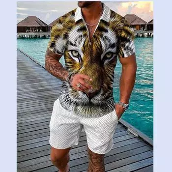 Мужской спортивный костюм с 3D принтом льва и тигра, летняя трендовая рубашка поло на молнии + шорты, комплекты из 2 предметов, модная повседневная уличная одежда L