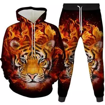 Мужской спортивный костюм с 3D принтом животных, комплект из 2 предметов с капюшоном, спортивный костюм, костюм с рисунком тигра, удобная одежда с длинными рукавами XS