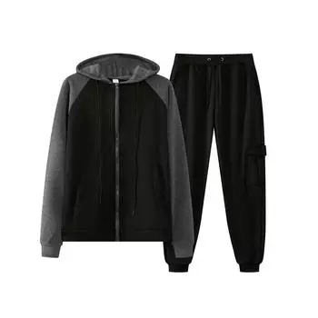 Мужской спортивный костюм с капюшоном, унисекс, двухсекционная одежда для бега, пуловер с длинными рукавами, толстовки с капюшоном + комплект спортивных штанов L чёрный