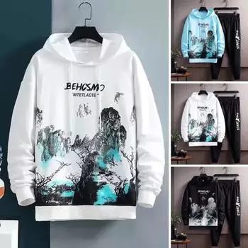 Мужской спортивный костюм с пейзажным принтом, комплект из 2 шт./компл., толстовка с длинными рукавами на шнурке и эластичной резинкой на талии, комплект штанов для бега