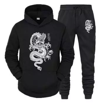 Мужской спортивный костюм с принтом дракона, повседневная толстовка + брюки, комплекты из 2 предметов, весенне-зимняя модная толстовка, пуловер большого размера, мужская одежда L