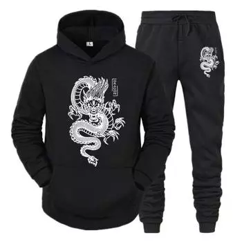 Мужской спортивный костюм с принтом дракона, повседневная толстовка + брюки, комплекты из 2 предметов, весенне-зимняя модная толстовка, пуловер большого размера, мужская одежда L