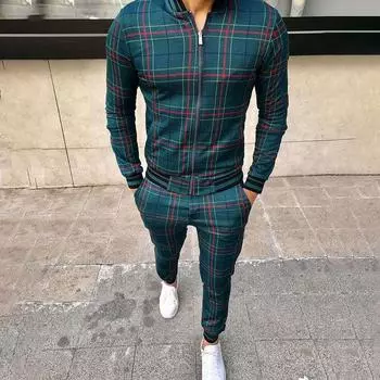 Мужской спортивный костюм с принтом в клетку 3D, спортивный повседневный комплект, модная британская куртка для джентльмена, брюки, костюм из 2 предметов S