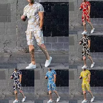 Мужской спортивный костюм, шорты, комплект футболок, графический принт, цепочки, принт, круглый вырез, повседневный отдых, короткие рукава, одежда с принтом M