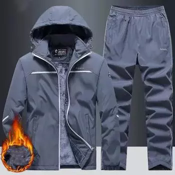 Мужской спортивный костюм, зимний, мягкий, с капюшоном, флисовый, тренировочный костюм, теплый, пуловер, джоггеры, спортивный костюм, пальто, комплект из 2 предметов, толстовка с капюшоном + брюки XXXXL чёрный