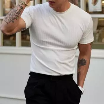 Мужской спортивный топ, эластичный, эластичный, в полоску, однотонный, мягкий, с короткими рукавами, приталенный, повседневный M белый