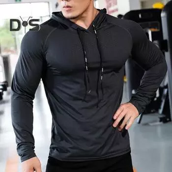 Мужской спортивный топ с капюшоном и длинным рукавом на шнурке, облегающий крой, мягкая дышащая, высокая эластичность, быстросохнущая полая сетка, беговая тренировочная летняя весенняя толстовка M королевский синий