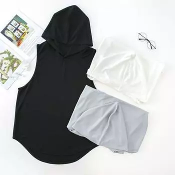 Мужской спортивный жилет, тонкий, свободный, с капюшоном, быстросохнущий, однотонный, легкий, эластичный, для баскетбола, бега, спортзала, тренировок L чёрный