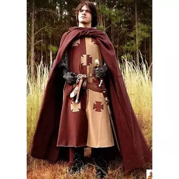 Мужской средневековый рыцарь SevenTemplar Хэллоуин костюм с капюшоном плащ Ренессанс сюрко костюмы для косплея (S-6XL) S красный