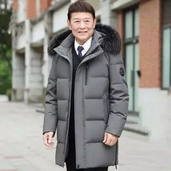 Мужской средний и длинный пуховик среднего и пожилого возраста, новинка 2023 года, зимняя утолщенная куртка большого размера L темно-синий