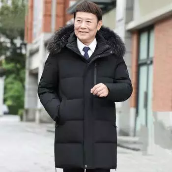 Мужской средний и длинный пуховик среднего и пожилого возраста, новинка 2023 года, зимняя утолщенная куртка большого размера L темно-синий