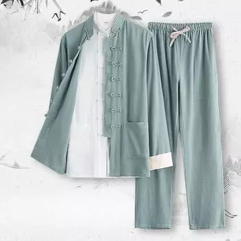 Мужской старинный костюм из хлопка и льна, костюм Тан, костюм-тройка, костюм для медитации, китайский стиль, весенний, летний и осенний этнический костюм Ханьфу XXXXXL чёрный