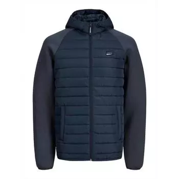 Мужской стеганый пуховик на молнии с капюшоном из двух материалов JACK & JONES S темно-синий