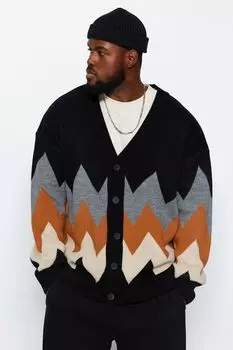 Мужской стиль, большие размеры, черный, большой размер, широкий крой, вязаный кардиган с ромбовидным узором