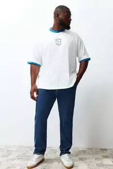 Мужской стиль больших размеров темно-синие приталенные джинсы из гибкой ткани больших размеров