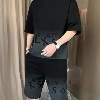 Мужской стильный комплект летней одежды с градиентом, состоящий из 2 предметов, мужская футболка с коротким рукавом и шорты с карманами S