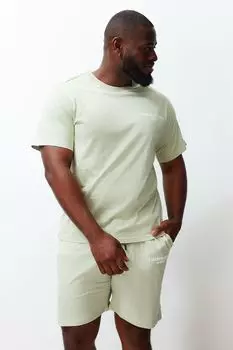 Мужской стиль плюс размер мятный принт вязаный летний пижамный комплект больших размеров с шортами