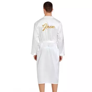 Мужской свадебный халат жениха с золотым тиснением - длинный кардиган на весну и осень XXL (87.5-95kg) белый