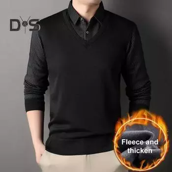 Мужской свитер, имитация двухсекционной рубашки и свитера, формальный деловой стиль, отложной воротник, длинные рукава, полосатый офисный топ на осень и весну M темно-синий