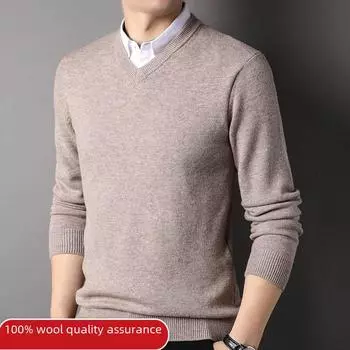 Мужской свитер из 100% чистой шерсти с имитацией двух частей, воротником-стойкой, плотной вязкой, для осени/зимы - подойдет как для людей среднего возраста, так и для молодежи Large