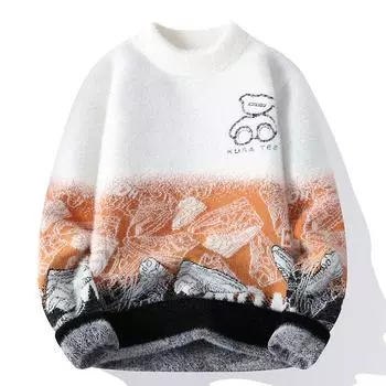 Мужской свитер из флиса с градиентом из норки - толстый теплый зимний полуводолазка, модный брендовый пуловер L зелёный