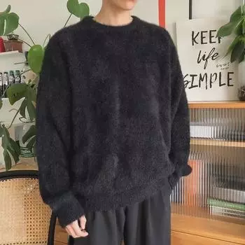 Мужской свитер из норки и флиса: Уютный, стильный, свободный крой, круглый вырез, однотонный, идеально подходит для осени и зимы. Large чёрный