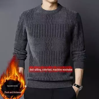 Мужской свитер из синели — толстый, теплый, с круглым вырезом, осенне-зимняя вязка 170/L (Recommended 120-135 cm)