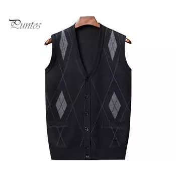 Мужской свитер-кардиган осень-зима, однобортный, с V-образным вырезом, без рукавов, с пуговицами, цветными эластичными карманами, трикотажный жилет, мужской топ среднего возраста M верблюд