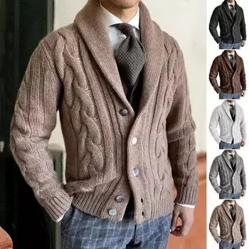 Мужской свитер кардиган с лацканами, длинный рукав, скрученная текстура, застежка на пуговицы, однотонный трикотаж M чёрный