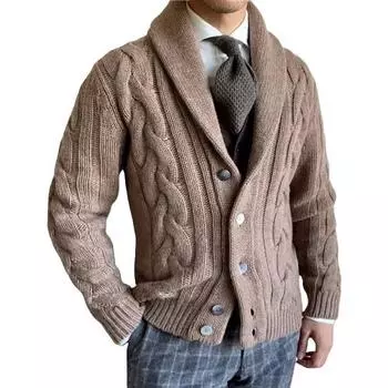 Мужской свитер кардиган с лацканами, длинный рукав, застежка на пуговицы, однотонное трикотажное пальто свободного кроя, повседневная верхняя одежда M чёрный