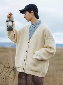 Мужской свитер-кардиган толстой вязки в японском стиле, осень/зима 2024 года L хаки