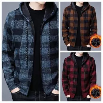 Мужской свитер, куртка, модное зимнее пальто, флисовые толстовки с капюшоном, высококачественный роскошный клетчатый вязаный кардиган с капюшоном, мужская верхняя одежда M