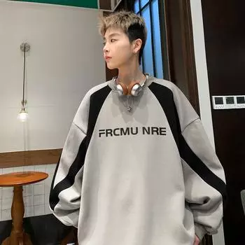 Мужской свитер, одежда на весну и осень, новый круглый вырез горловины контрастного цвета для пары, мужская универсальная свободная повседневная куртка в гонконгском стиле S серый