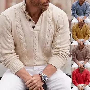 Мужской свитер, однотонный модный вязаный топ с круглым вырезом и длинными рукавами M хаки