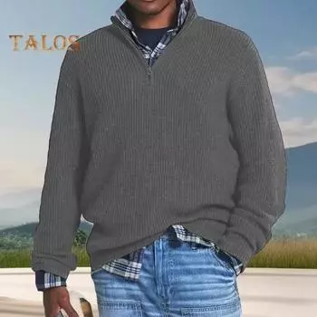 Мужской свитер осень-зима, имитация двух частей, клетчатый принт, трикотажный толстый, с длинными рукавами, свободный свитер с высоким воротником, термоизоляция, повседневная одежда, трикотаж L серый