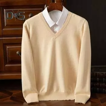 Мужской свитер осень-зима, имитация двухкомпонентной рубашки в стиле пэчворк, отложной воротник, V-образный вырез, длинные рукава, эластичный, чистый цвет, облегающий теплый трикотаж M темно-зеленого