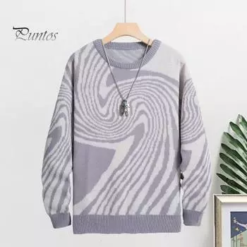 Мужской свитер осень-зима контрастного цвета с геометрическим узором в полоску, жаккардовый, круглый вырез, трикотажный, с длинными рукавами, толстый базовый слой, свитер для повседневной работы, школы S чёрный